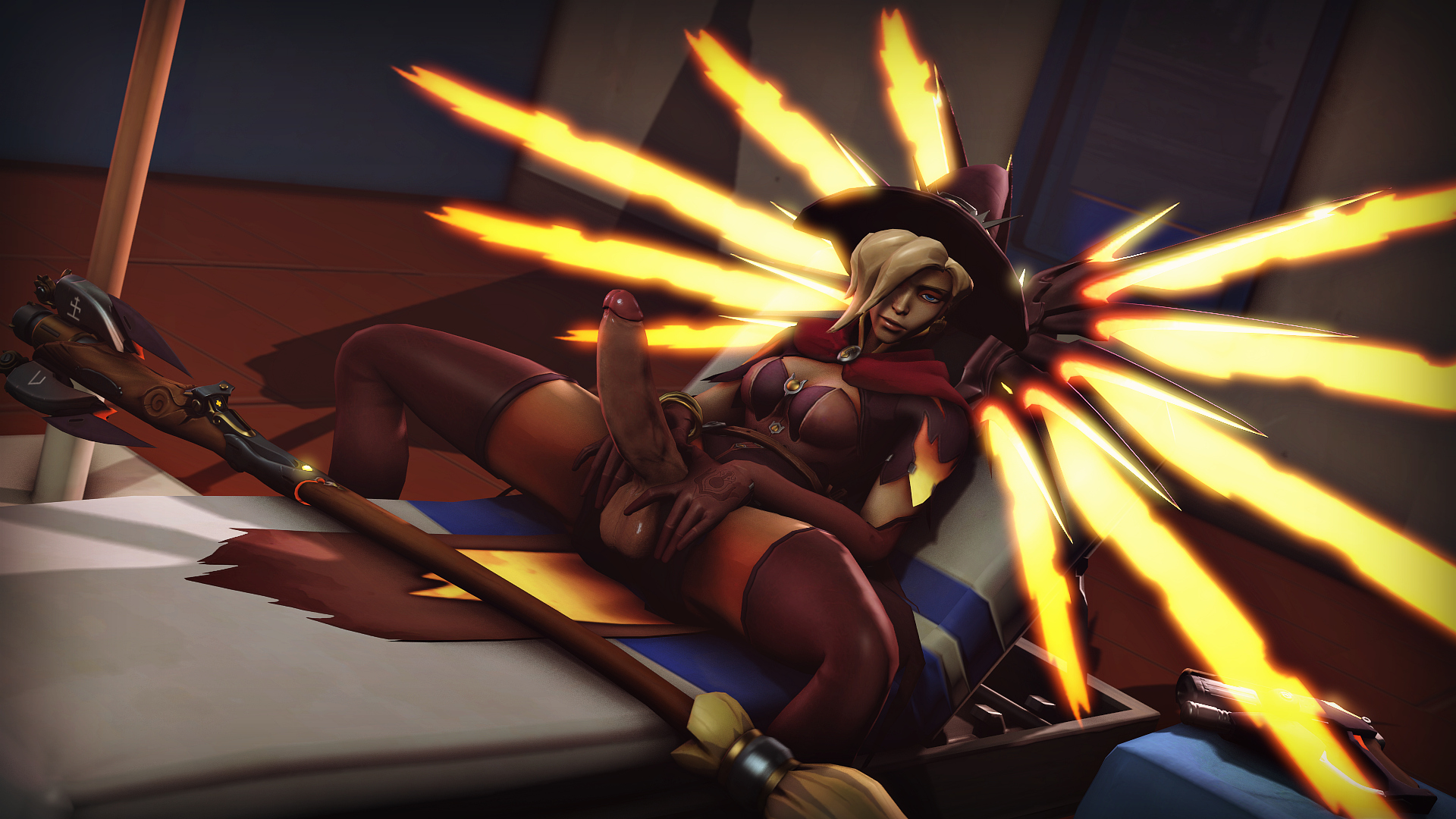 1futa, 3d, alternate costume, balls, big penis, blackjr, blonde hair, blue eyes, breasts, cleavage, erection, futa only, futanari, huge penis, intersex, large balls, large testicles, looking at viewer, mercy, overwatch, penis, solo, source filmmaker, spread legs, testicles, thighhighs, witch hat, witch mercy