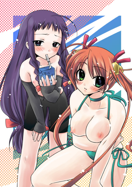 ayase_yue blush breasts clothing flat_chest juice_box juicebox kagurazaka_asuna mahou_sensei_negima mahou_sensei_negima! medium_breasts nipples swimsuit topless yukian