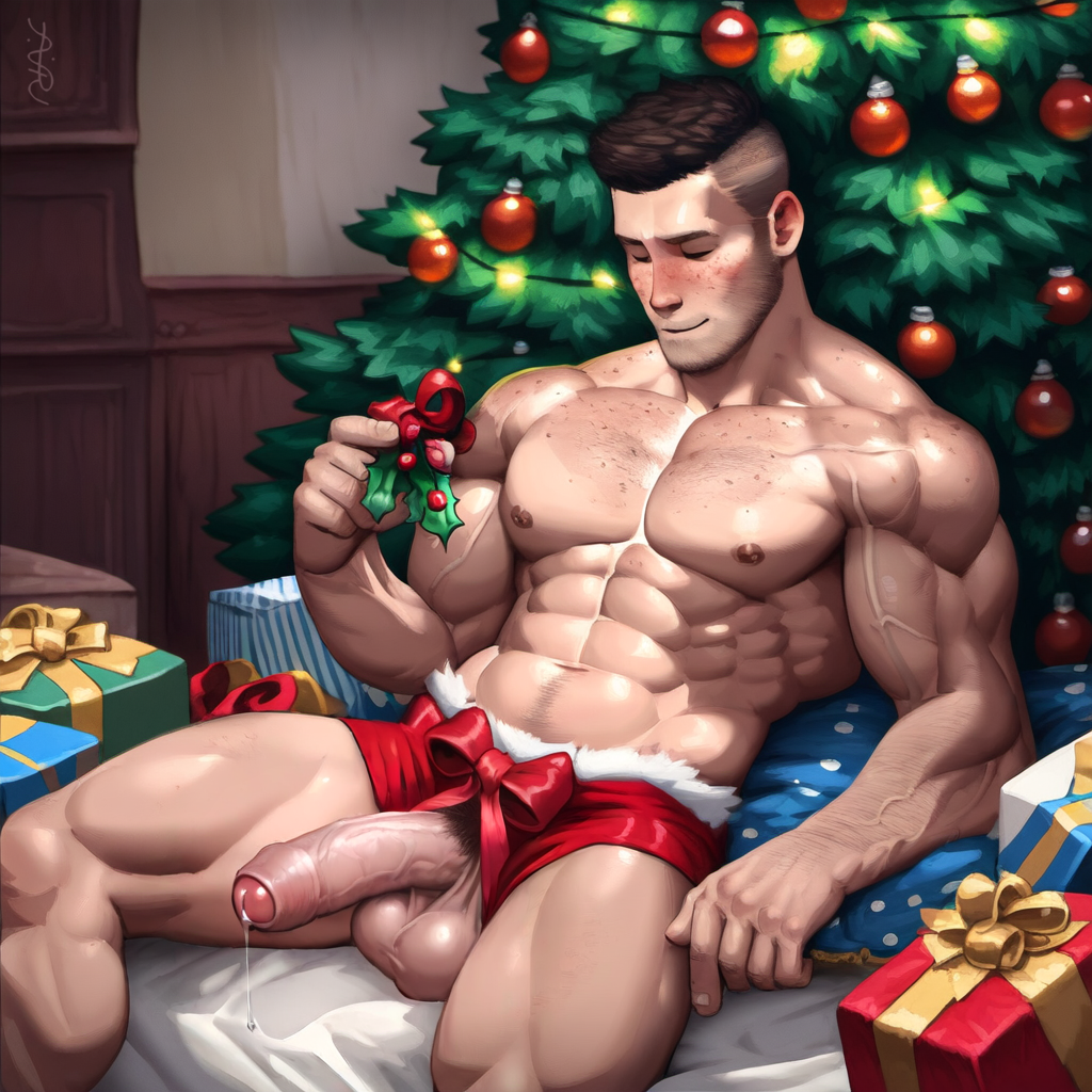 1boy 2024 abs ai_generated athletic_male avaru balls big_penis brown_hair christmas christmas_outfit christmas_tree clothing erect_penis erection freckles human humanoid_genitalia humanoid_penis male male_focus male_nipples male_only muscular muscular_male nipples penis precum smile solo solo_focus solo_male tagme testicles vein veiny_penis