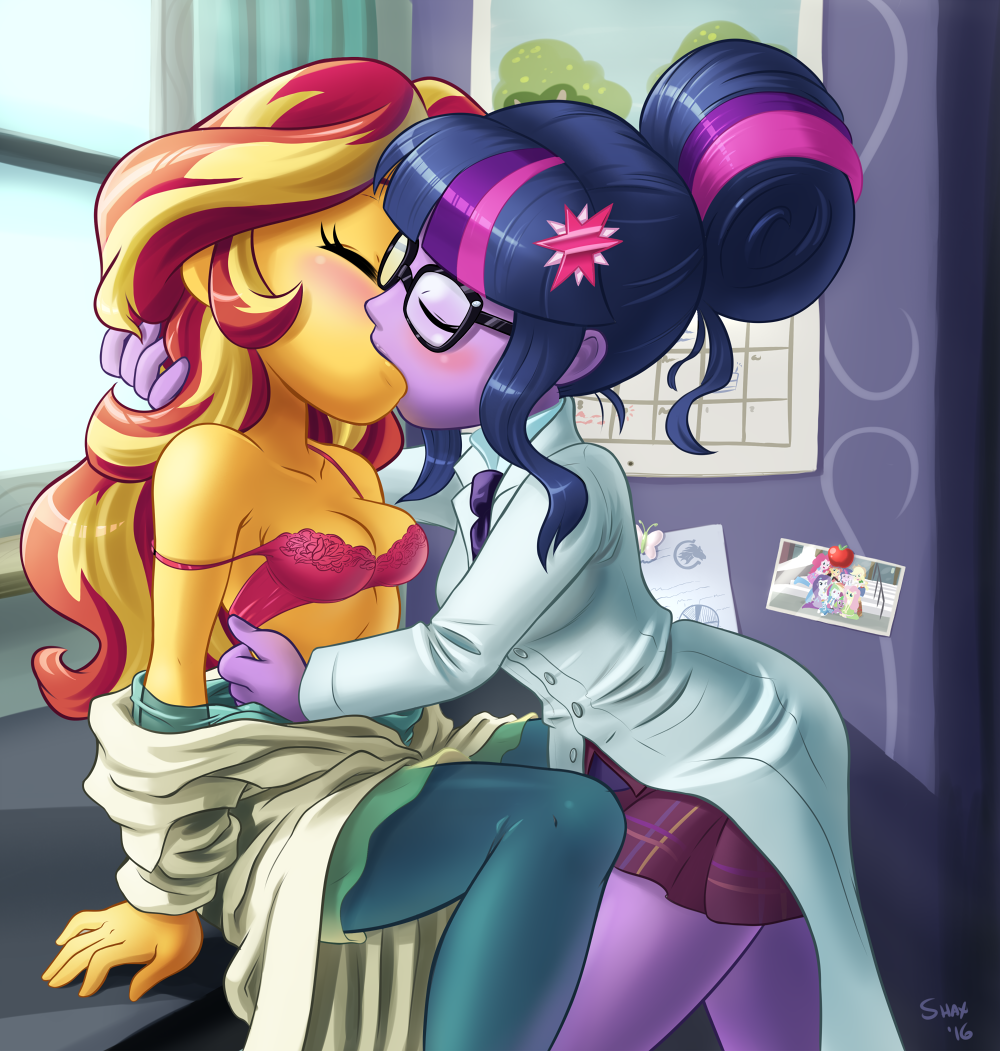 2girls ayvuir_blue bra equestria_girls female female_only friendship_games friendship_is_magic kissing labcoat multiple_girls my_little_pony sci-twi shax_(artist) shaxbert sunset_shimmer twilight_sparkle_(mlp) undressing yuri