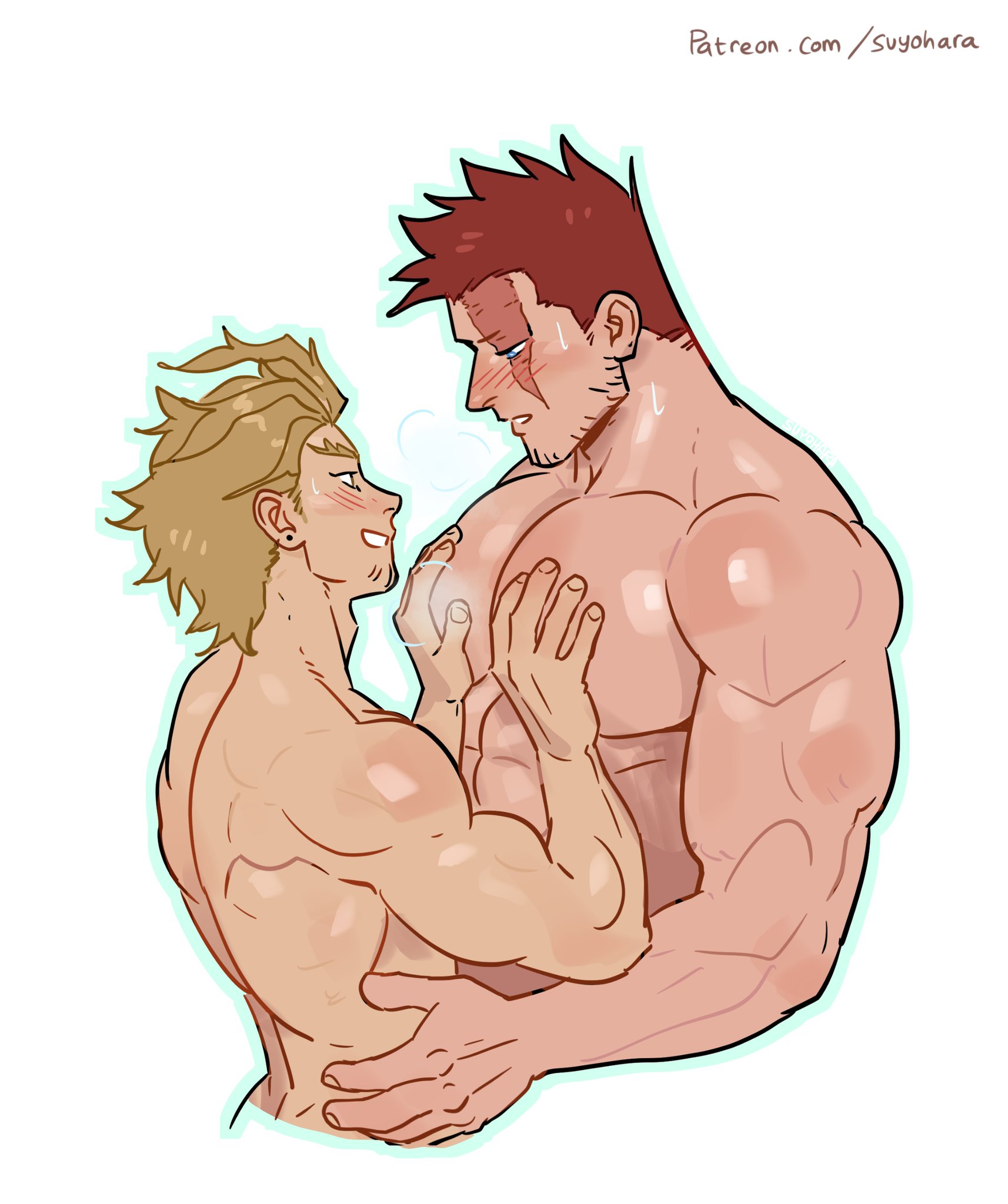 bara, big pecs, blonde hair, blue eyes, boku no hero academia, daddy, dilf, endeavor (my hero academia), enji todoroki, gay, hawks (my hero academia), keigo takami, male, male only, muscular, muscular male, my hero academia, nude, red hair, scar, scar across eye, scar on face, size difference, suyohara
