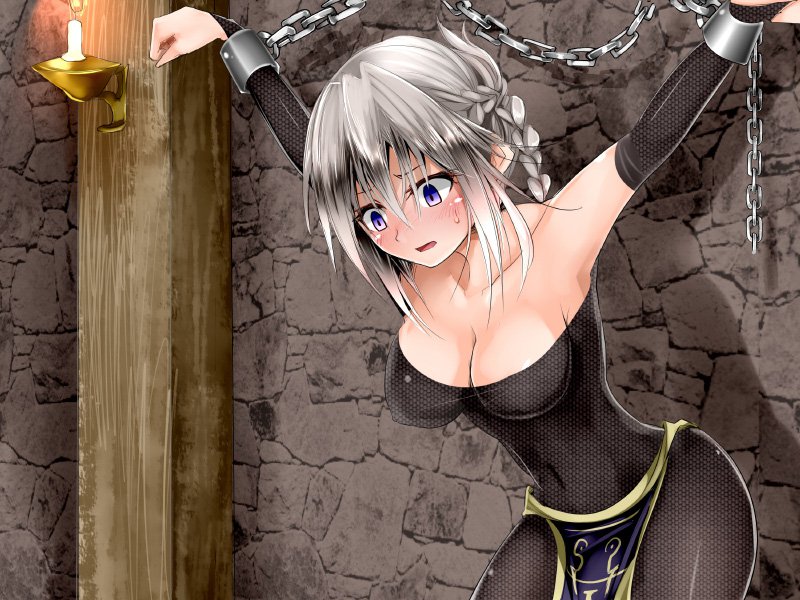 73gou_koudou arms_up blush bodysuit bondage bound_wrists braid braided_hair braids breasts candle captured chains cleavage covered_nipples cuffs dungeon erect_nipples female female_focus female_only game_cg grey_hair hair helpless impossible_clothes lilitales loincloth looking_down lunarie_el_blanca open_mouth prison purple_eyes scared shackles solo spread_arms sweat sweatdrop tights