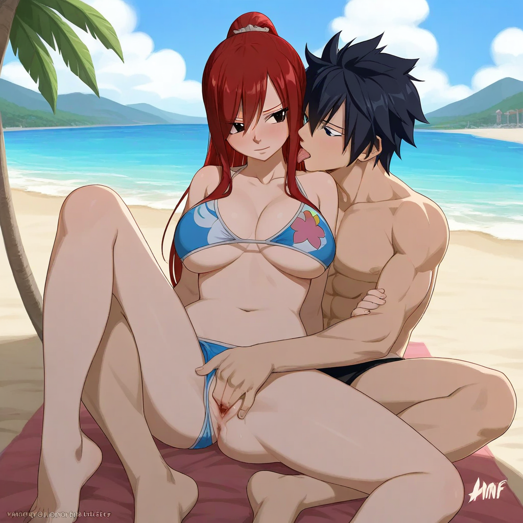 1boy ai_generated beach big_breasts black_hair couple erza_scarlet fairy_tail female fingering gray_fullbuster long_hair ponytail red_hair romantic romantic_couple sex