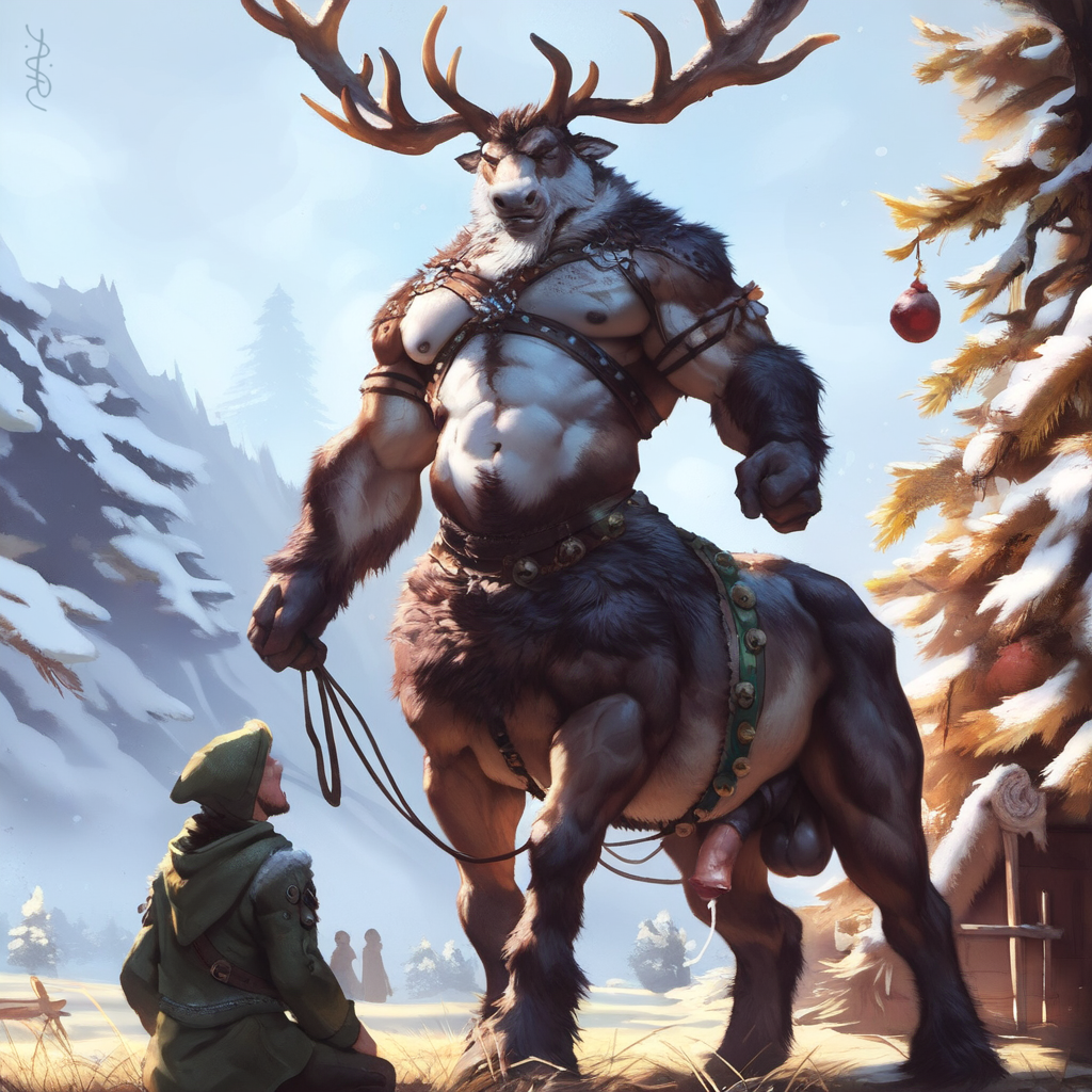 2024 2boys ai_generated anthro antlers avaru brown_body brown_fur cervine cervine_antlers cervine_genitalia cervine_humanoid cervine_taur christmas christmas_outfit clothing deer_taur elf elk fur harness humanoid imminent_sex landscape male male_focus male_only mammal multicolored_body multicolored_fur muscular muscular_male nature nature_background nipples on_knees precum reindeer reindeer_antlers reindeer_humanoid snow tagme taur testicles tuft tufted_fur winter