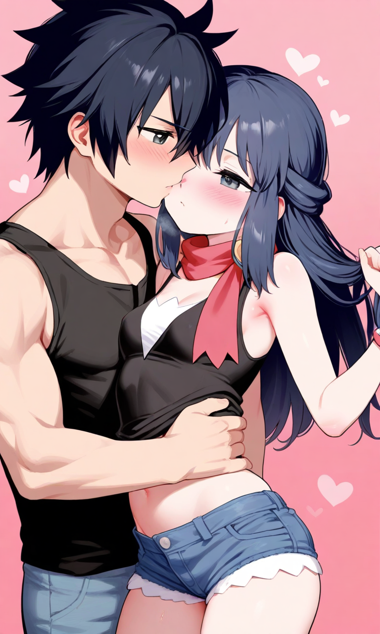 1boy ai_generated black_hair couple crossover dawn_(pokemon) dawn_(pokemon) fairy_tail female gray_fullbuster petite petite_body petite_female pokemon small_breasts