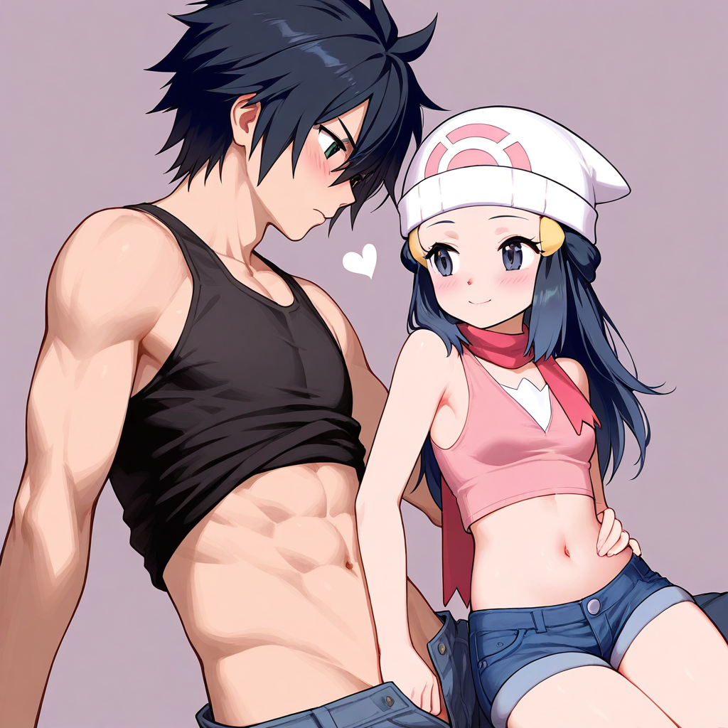 1boy ai_generated black_hair couple crossover dawn_(pokemon) dawn_(pokemon) fairy_tail female gray_fullbuster petite petite_body petite_female pokemon small_breasts