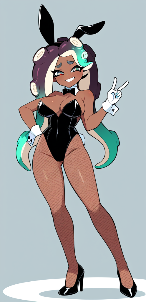 ai_generated bunny_ears bunnysuit dark-skinned_female dark_skin female female_focus female_only fishnets high_heels marina_(splatoon) peace_sign playboy_bunny self_upload splatoon splatoon_(series) splatoon_2 stable_diffusion