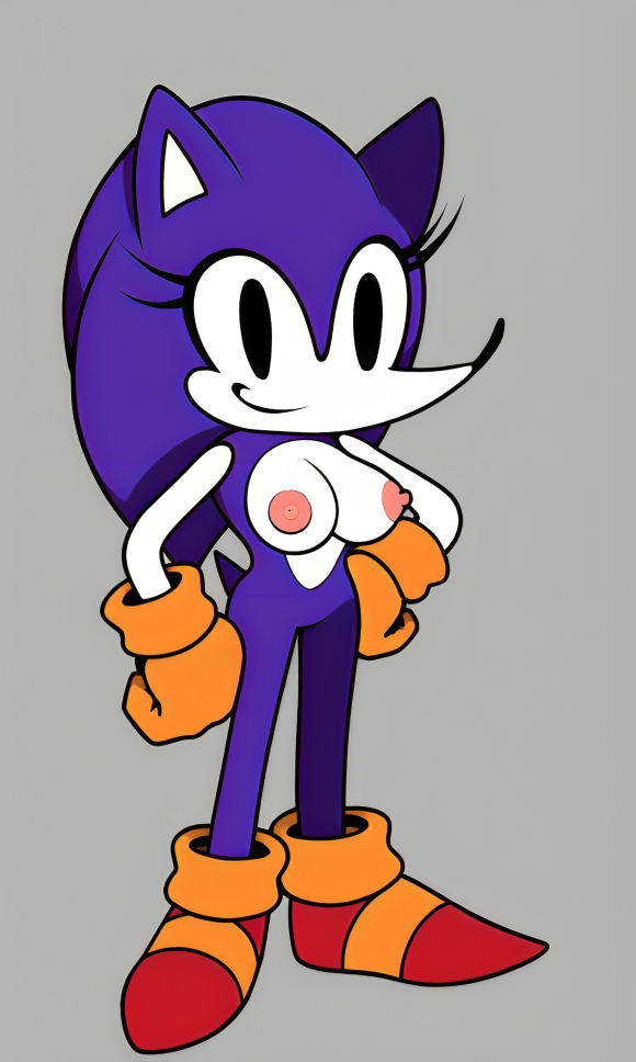 ai_generated anthropomorphic big_breasts black_eyes eyelashes female female hand_on_hip hedgehog naked needlemouse_(character) needlemouse_(series) nude orange_gloves perky_breasts pixai purple_fur red_boots simple_background smile solo sonic.exe white_skin