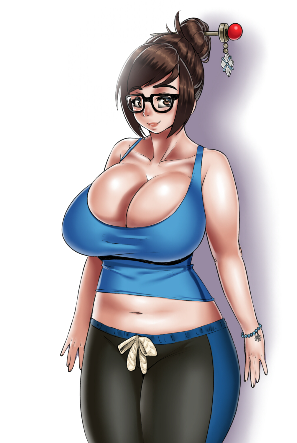 1girls, bare shoulders, big breasts, breasts, burakku-ra, cleavage, female, female only, glasses, hair bun, hips, huge breasts, large breasts, mei (overwatch), navel, overwatch, plump, solo, solo female, standing, tank top, thick, thick thighs, thighs, voluptuous, wide hips