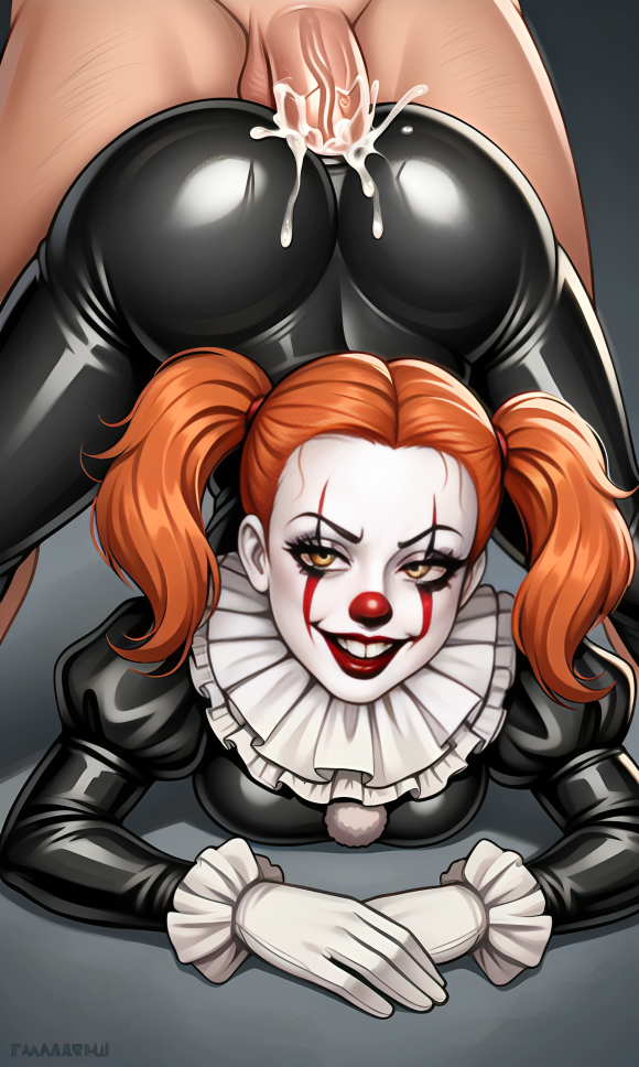 1boy 5_fingers ai_generated anal clothed clown clown_costume clown_girl clown_makeup cum cum_inside female female ginger ginger_hair gloves it jack-o_pose orange_eyes orange_hair pennywise pixai red_lipstick ruffled_collar ruffles rule_63 sex twintails