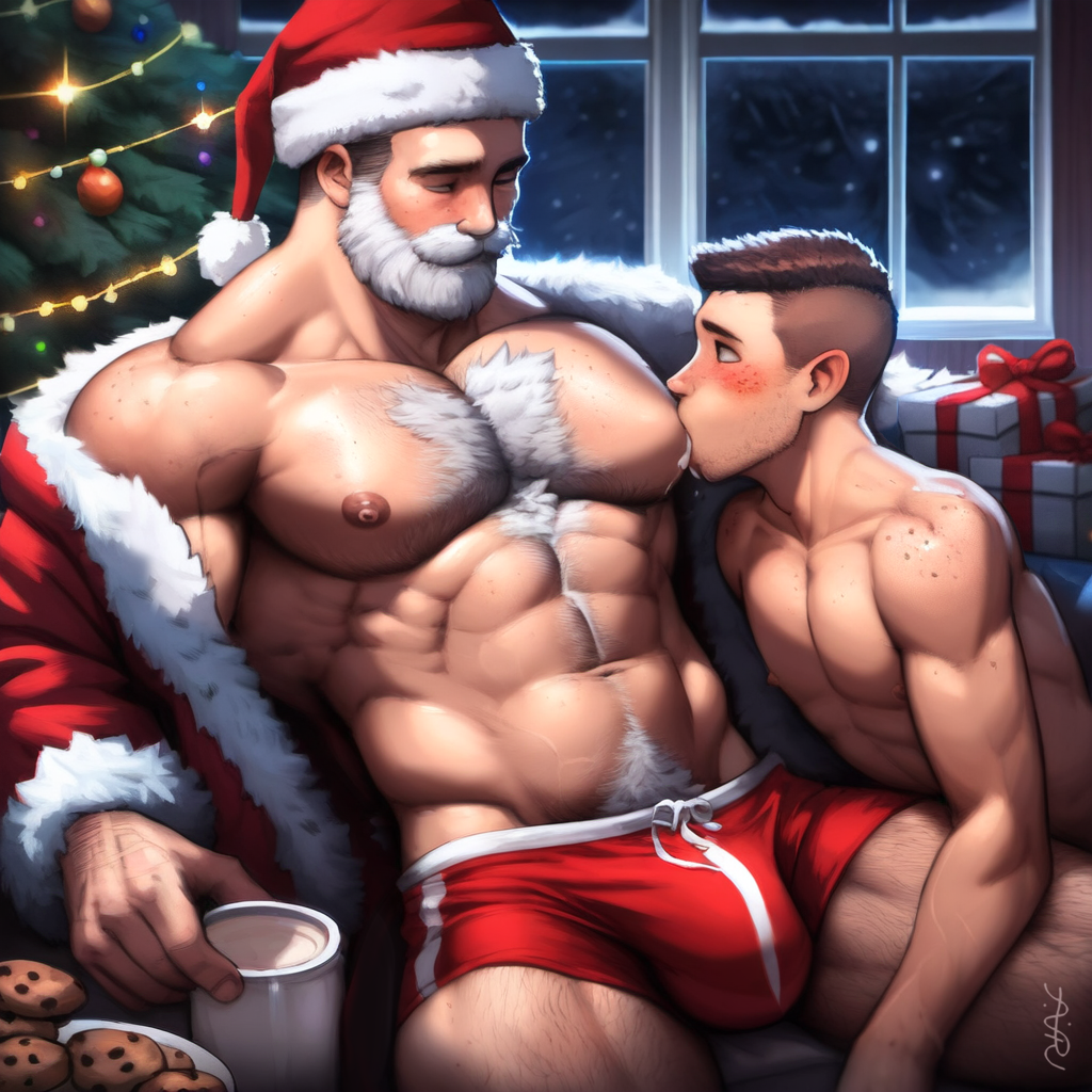 2024 2boys abs ai_generated avaru beard biceps body_hair boxers brown_hair christmas christmas_outfit christmas_tree cookies couple gay human humanoid male male/male male_focus male_only mammal mammal_humanoid milk milk_and_cookies muscular muscular_male nipples old_man older_male santa_claus santa_costume santa_hat size_difference smaller_male sucking_nipples tagme white_hair yaoi