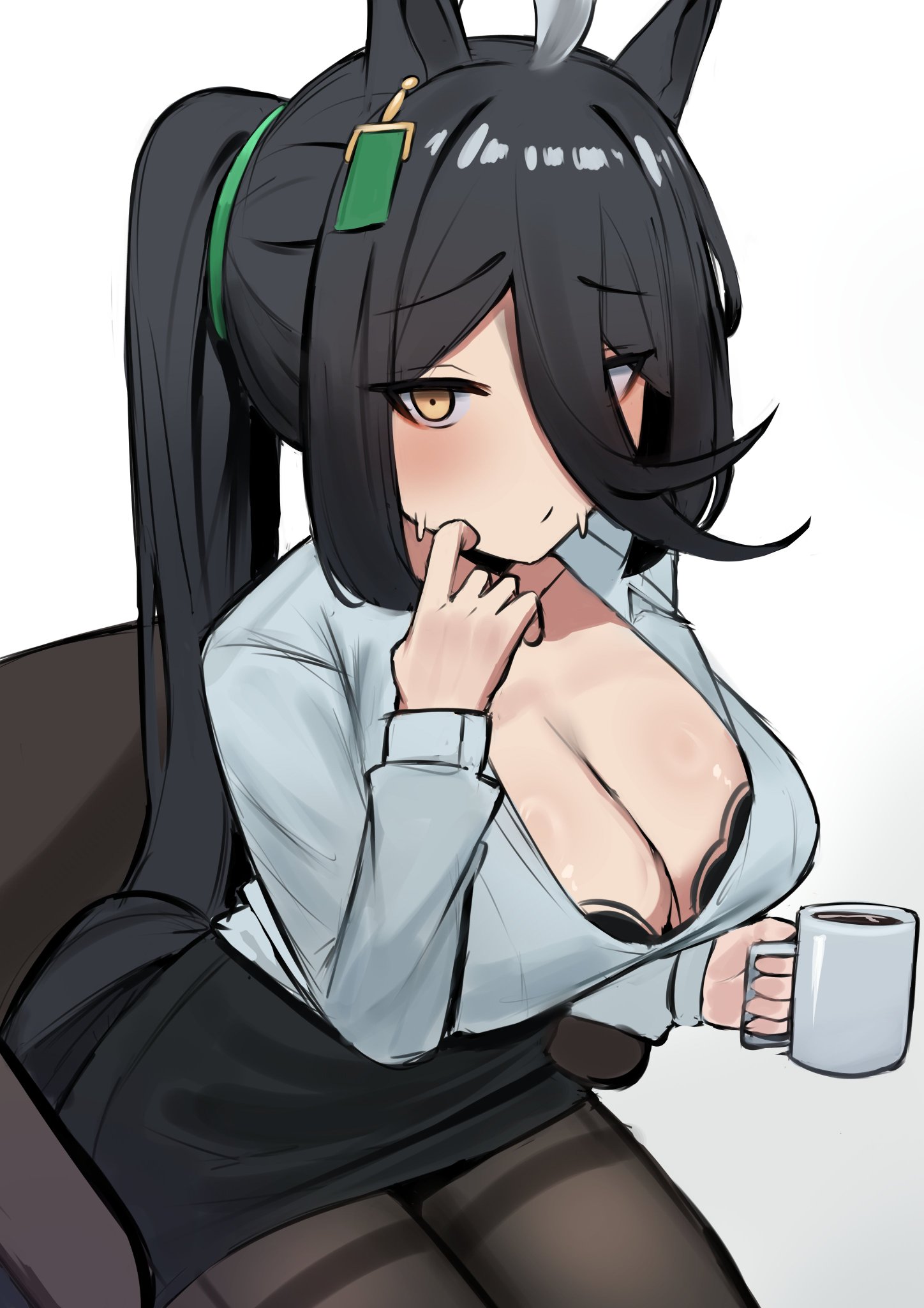1girls, ahoge, alternate breast size, big breasts, black hair, blush, bra, breasts, business attire, coffee mug, eyebrows visible through hair, female, female only, hair between eyes, horse ears, horse girl, horse tail, iog art, iog626, large breasts, manhattan cafe (umamusume), office lady, open shirt, ponytail, sitting, skirt, solo, sweatdrop, tied hair, umamusume, umamusume pretty derby, white background, yellow eyes