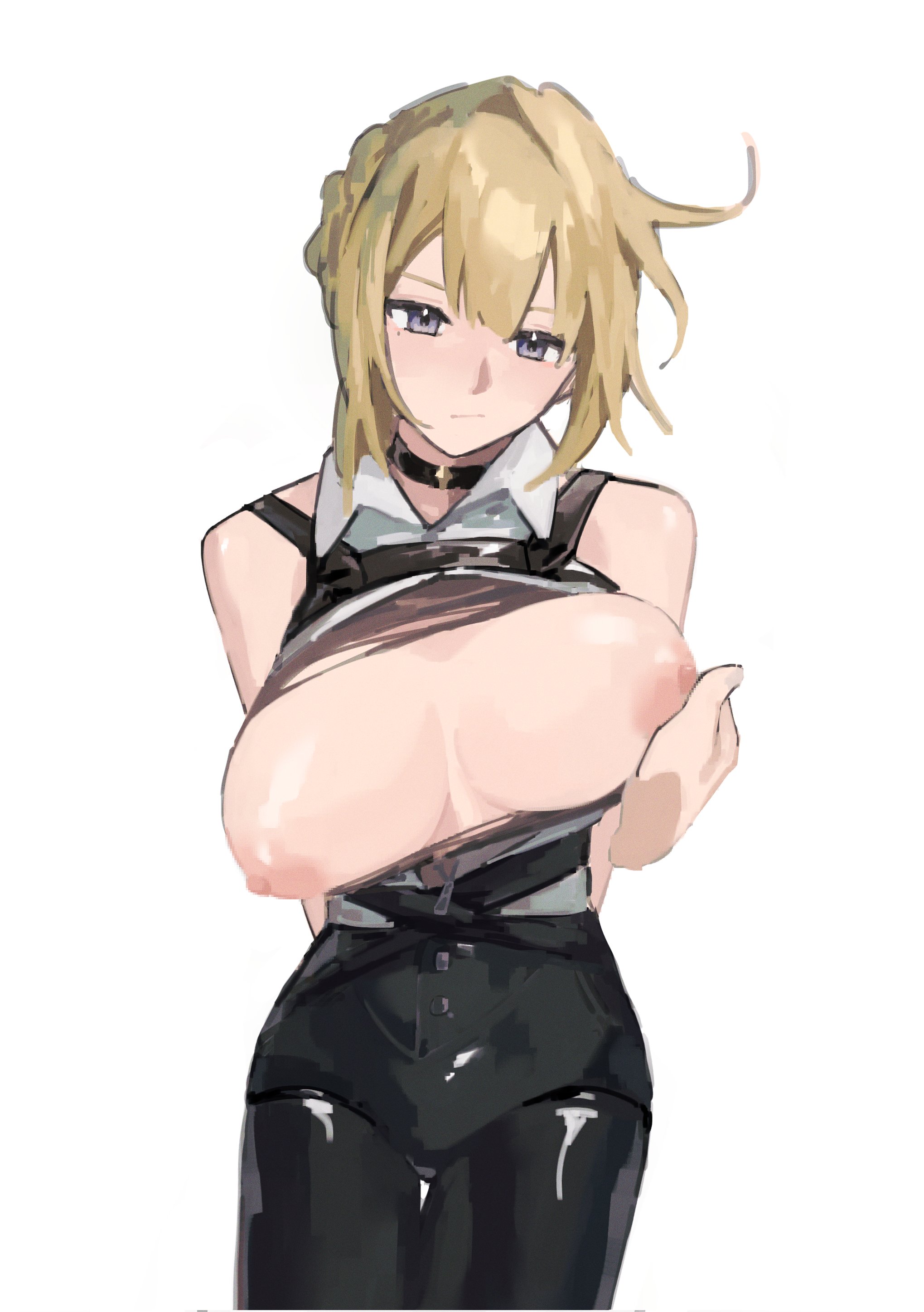 1girls, areolae, blonde hair, breast grab, breasts, d0ughnats, disembodied hand, doodle, evelyn chevalier, female, female focus, hoyoverse, large breasts, light skin, light-skinned female, mihoyo, mihoyo technology (shanghai) co. ltd., nipples, purple eyes, standing, stars of lyra, white background, zenless zone zero
