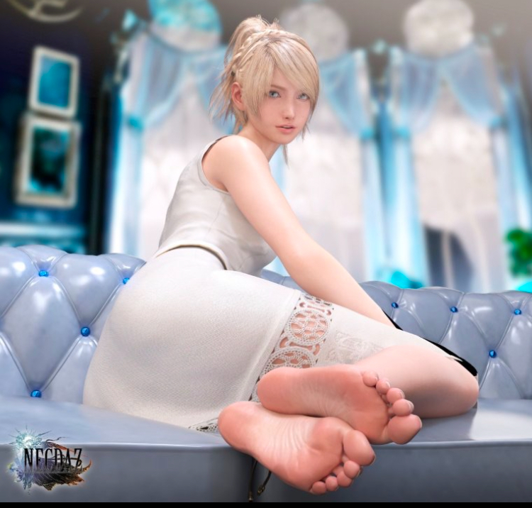 3d barefoot blonde_hair blue_eyes couch curled_up cute feet final_fantasy_xv foot_fetish looking_at_viewer lunafreya_nox_fleuret necdaz91 square_enix white_dress