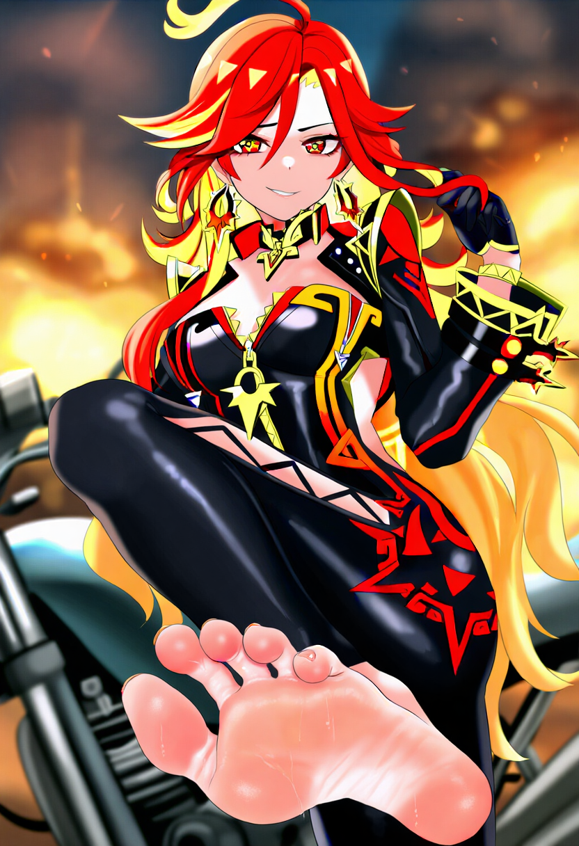 1girls adjusting_hair ai_generated barefoot bodysuit cleavage explosion feet fire foot_out_of_frame genshin_impact gloves knee_up long_hair mavuika_(genshin_impact) medium_breasts motorcycle naughty_face outdoors presenting_feet smirk soles solo standing steam sun_earrings sweat toe_scrunch toenails toes two-tone_hair two_tone_eyes wrinkled_feet