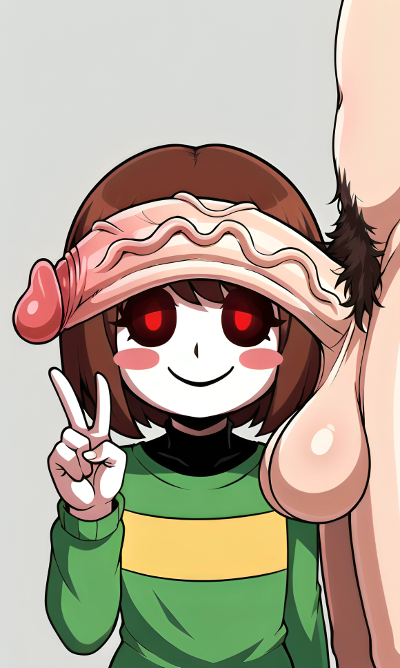 1boy 1other 5_fingers ai_generated ambiguous_gender bangs blush_stickers bob_cut brown_hair chara chara_(undertale) cock flat_chest glowing_eyes green_shirt kneeling large_penis pale_skin peace_sign penis pixai pubic_hair red_eyes red_pupils simple_background smile striped_shirt undertale undertale_(series) upper_body veiny_penis