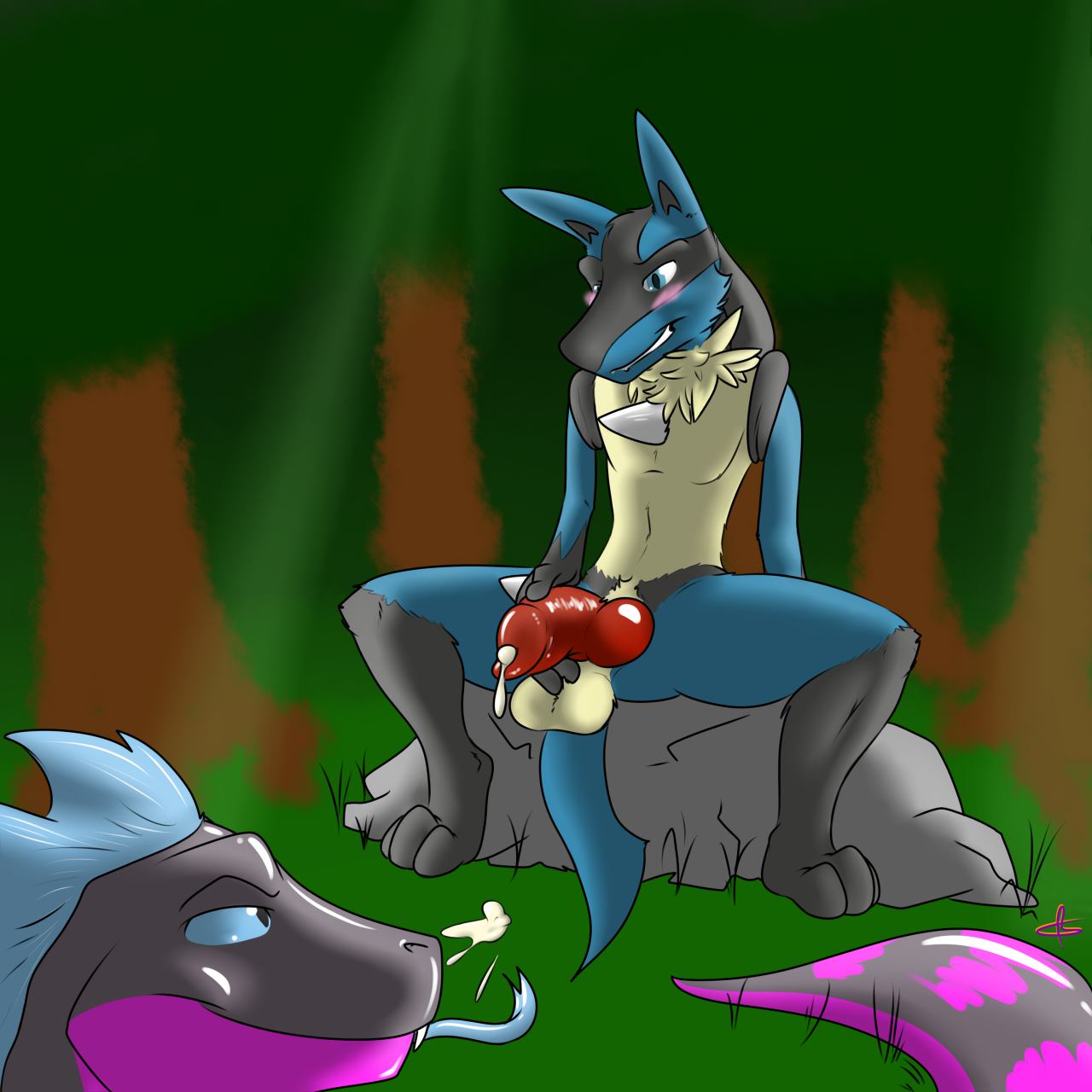 anthro blue_eyes blush canine cum duo forest grin hi_res knot kotetsu_rexen lionel lucario male male_focus male_only mammal nintendo penis pokemon pokemon_(species) presenting spread_legs spreading tree video_games