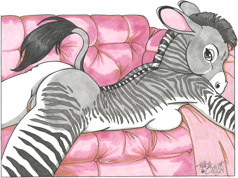 2024 anthro asinus ass black_hair breast_squish breasts brown_eyes donkey equid equine female furniture genitals grey_body hair hybrid looking_at_viewer lying mammal nude on_front pussy sofa solo squish terrie_smith white_body white_hair zebra zebroid zeedonk zonkey