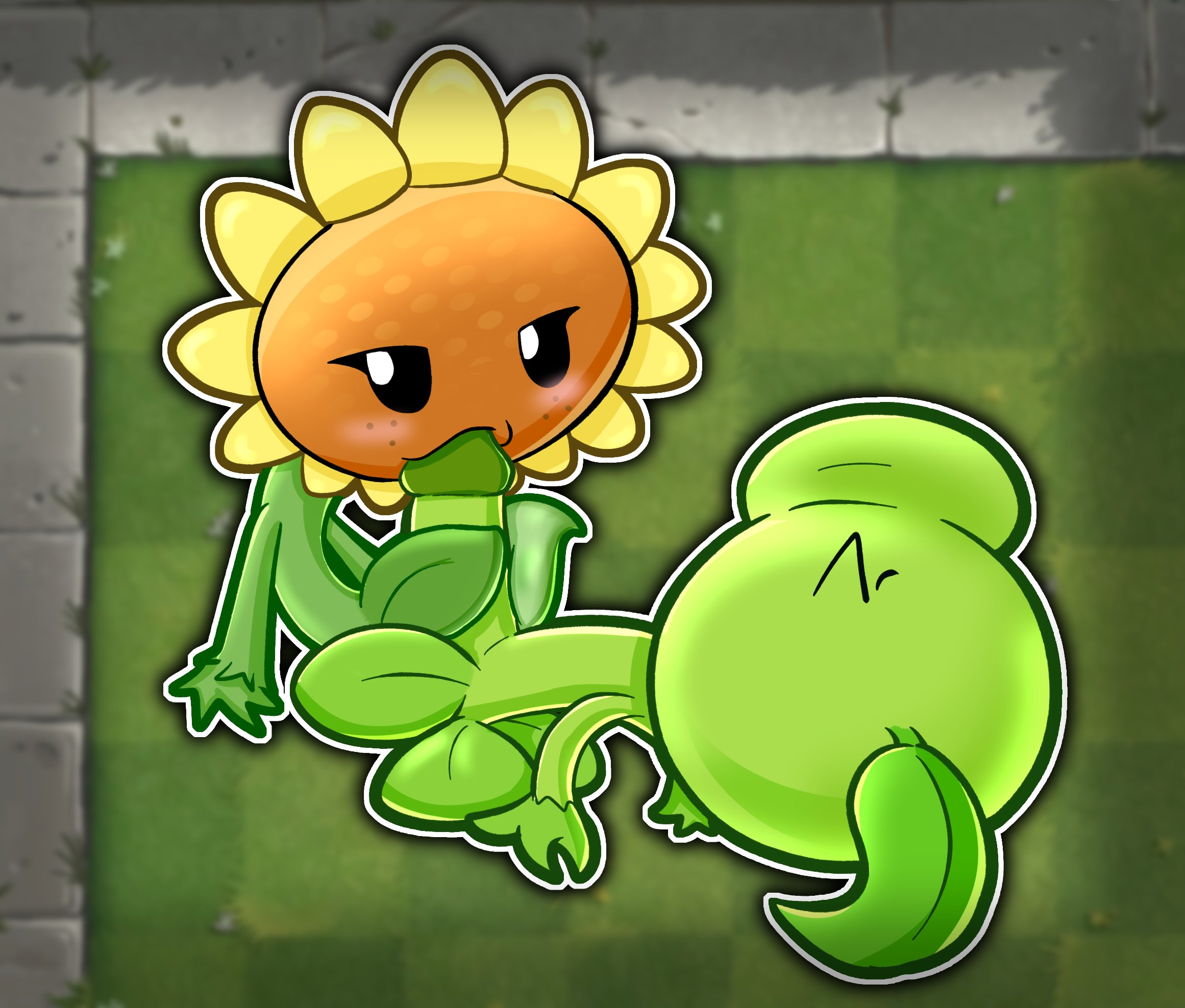 1boy, 1girls, anthro, anthrofied, baggy (artist), blowjob, female, flora fauna, male, peashooter (pvz), plant, plant girl, plant humanoid, plantie, plants vs zombies, plants vs. zombies, popcap games, straight, sunflower (pvz)