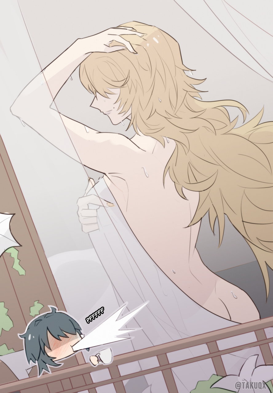 after_shower ass back back_view blonde_female blonde_hair blush chief_(path_to_nowhere) curtains female_chief_(path_to_nowhere) long_hair naked naked_female path_to_nowhere romantic shocked smile smiling spitting takuqx towel towel_only vautour_bleu_(path_to_nowhere) wearing_towel wholesome window yuri