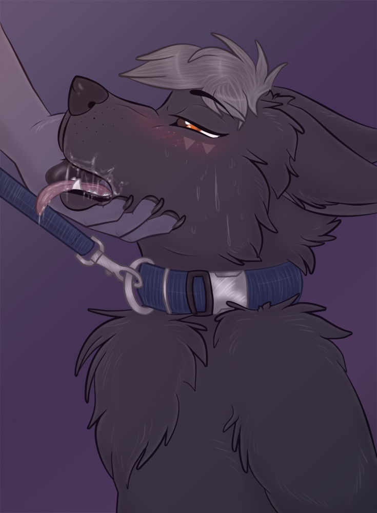 anthro black_fur blush canine collar duo fur gay grey_hair hair leash lunar_epitaph male male_only mammal messy orange_eyes petplay precum roleplay simple_background sweat tongue tongue_out yaoi