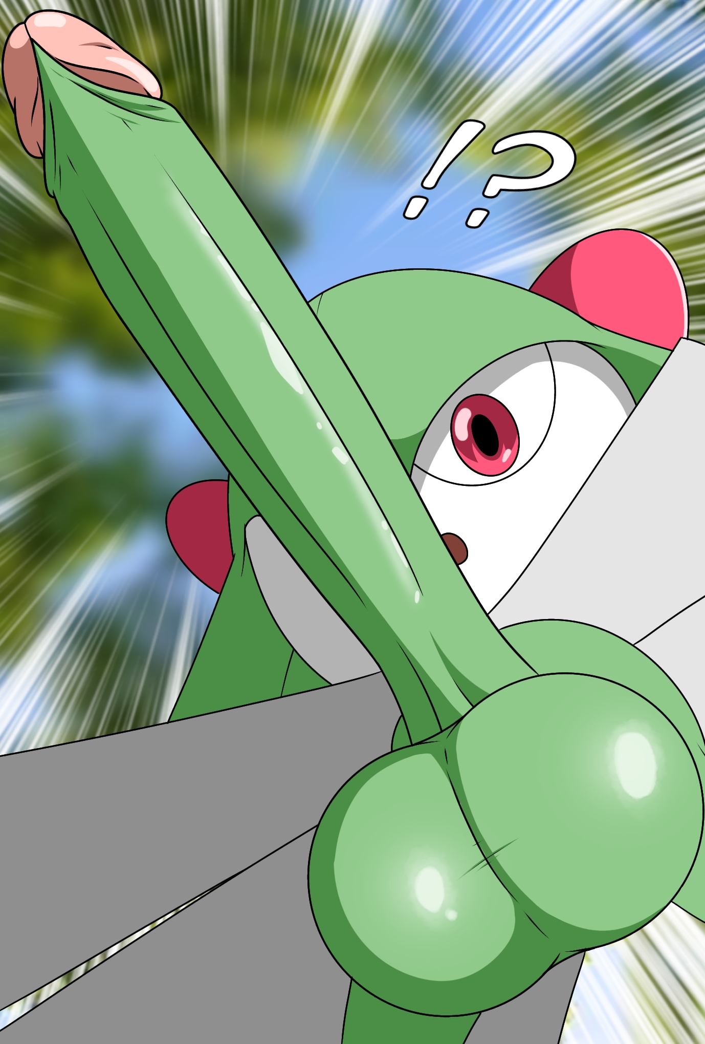 anthro, anthro only, balls, dibujosymas, erection, focus on penis, futa only, futanari, green hair, intersex, kirlia, large penis, penis, pokemon, pokemon (species), red eyes, solo, surprised