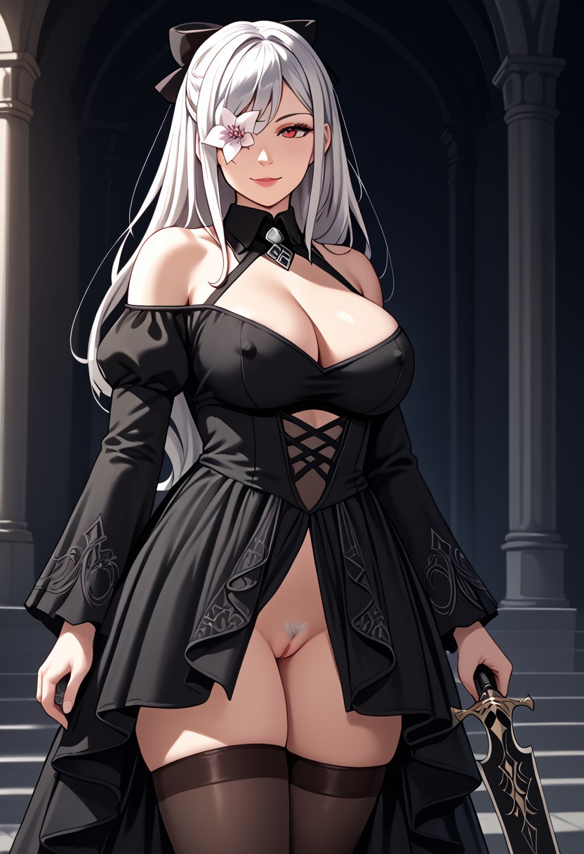 ai_generated black_dress cleavage drag-on_dragoon_3 drakengard_3 erect_nipples flower flower_in_eye large_breasts long_hair nier nier_reincarnation no_panties pink_eyes pussy ribbon ribbon_in_hair smile sword thighhighs white_hair zero_(drag-on_dragoon) zero_(drakengard)