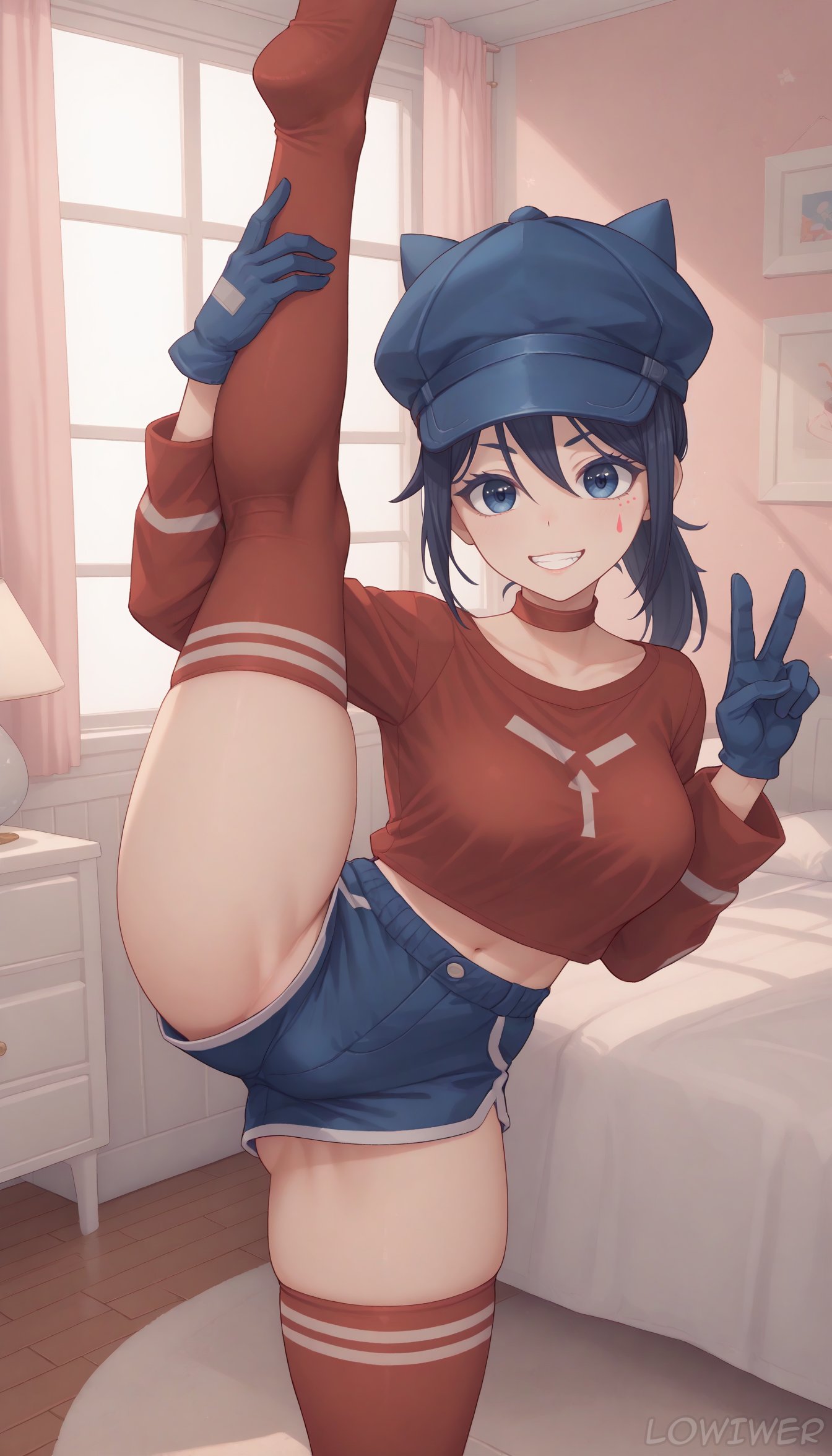 1girls ai_generated bedroom blue_eyes blue_gloves blue_hair blue_hat blush breasts cap cappie_(miside) cool_mita_(miside) crop_top female female_focus gloves hand_on_hip hat hat_with_ears hi_res highres holding_leg indoors leg_spread legs_up legwear light-skinned_female light_skin lowiwer medium_breasts miside mita_(miside) peace_sign shorts sidelocks smile splits spread_legs standing_on_one_leg stockings thighhighs thighs uncensored