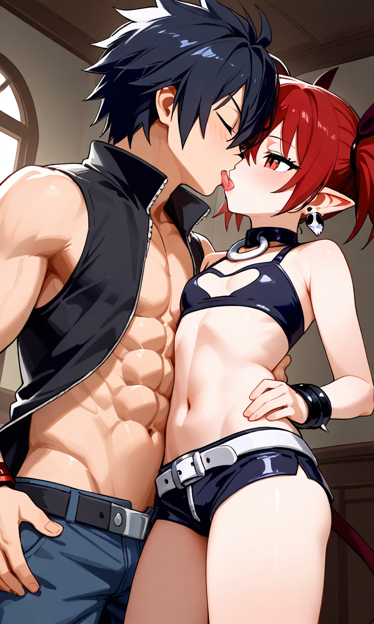 1boy1girl ai_generated black_hair couple demon_girl disgaea etna red_eyes red_hair short_hair twintails