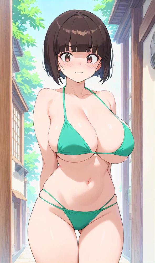 ai_generated asian asian_female bare_thighs bikini brown_eyes brown_hair gigantic_breasts huge_breasts huge_thighs large_breasts light-skinned_female light_skin massive_breasts nabiki_tendo ranma_1/2 short_hair solo_female squatting sweat sweatdrop swimsuit thick_body thick_female thick_thighs thighs voluptuous voluptuous_female