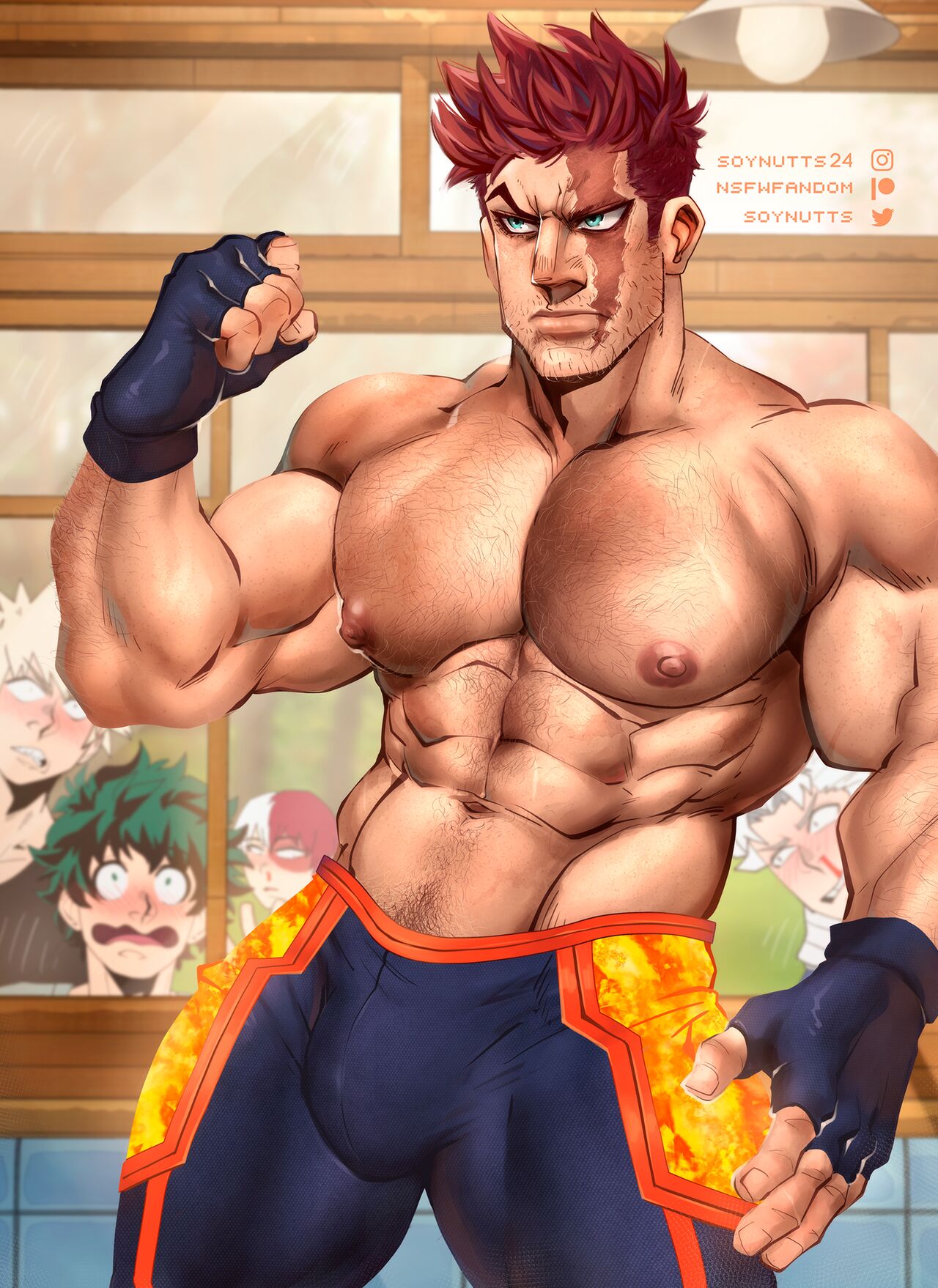 5boys abs arm_hair awe bara beard_stubble beefy biceps big_areola big_breasts big_bulge big_hands big_nipples bleeding blonde_hair blood blood_from_nose blood_on_face blue_eyes blush boku_no_hero_academia bulge bulge_through_clothing burn_scar ceiling_light chest_hair clenched_hand endeavor_(boku_no_hero_academia) endeavor_(my_hero_academia) enji_todoroki erect_nipples eyelashes fingerless_gloves fingernails frown funny_face gay gloves green_hair hairy happy_trail hero_outfit_(mha) hi_res hunk indoors instagram_username izuku_midoriya katsuki_bakugou lips looking_at_another male male_breasts male_only manly mature_male medium_hair multicolored_hair muscles muscular muscular_arms muscular_legs muscular_male muscular_thighs my_hero_academia natsuo_todoroki navel nosebleed oppai patreon_username pecs pointy_nose red_hair sanpaku scar scar_on_face shocked short_hair shouto_todoroki six_pack small_pupils solo solo_focus soynutts standing thick_arms tight_clothing topless tough_guy twitter_username two_tone_hair v-line v-shaped_eyebrows white_hair wide_eyed window yaoi