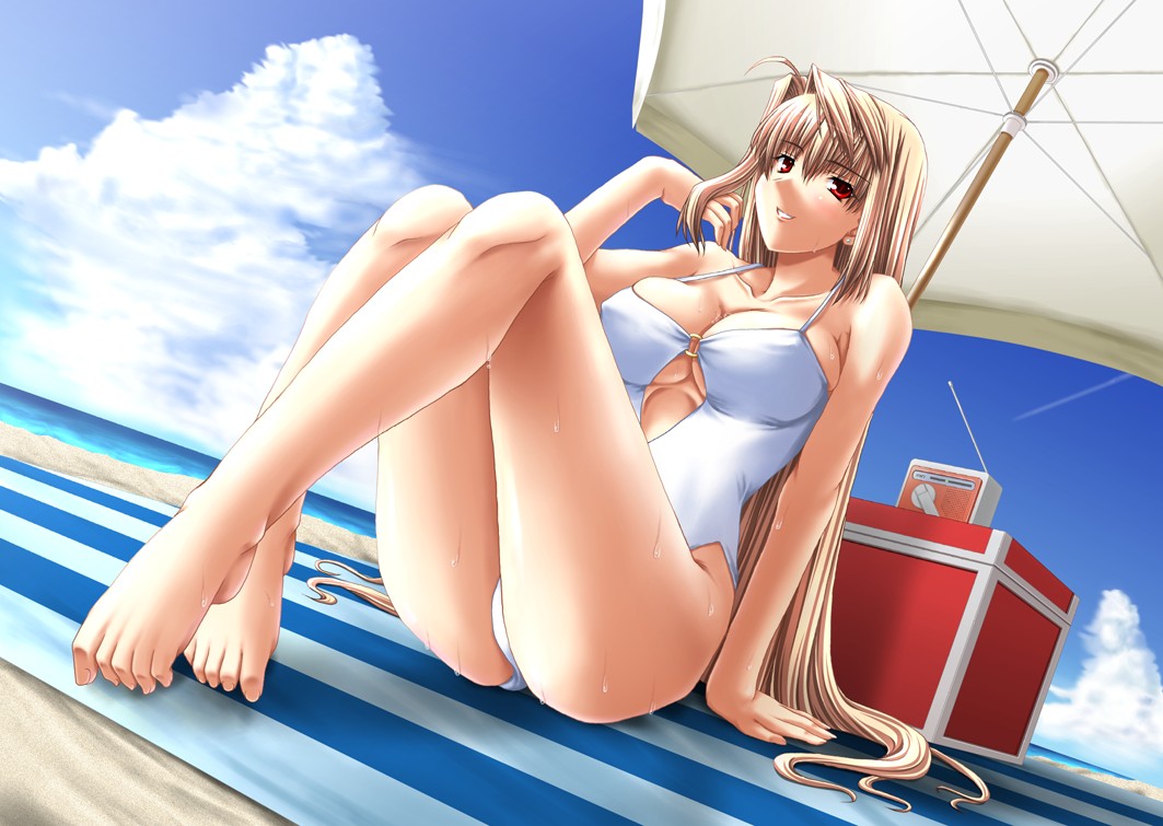 arcueid_brunestud barefoot beach blonde_hair breasts casual_one-piece_swimsuit cleavage cloud commentary_request day earrings feet female jewelry large_breasts long_hair long_legs miyai_sen one-piece_swimsuit outdoors radio red_eyes sitting sky solo sweat swimsuit tsukihime umbrella very_long_hair wet