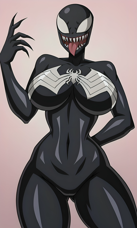 ai_generated black_skin claws large_breasts long_tongue marvel pink_background pixai sharp_teeth she-venom simple_background slim_waist symbiote thick_thighs tongue_out venom venom_(marvel) white_eyes