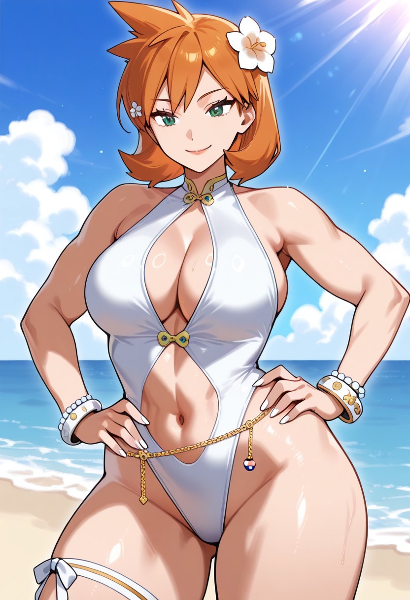 abs, ai generated, alternate breast size, alternative costume, ass visible through thighs, bangs, bare shoulders, beach, bead bracelet, beads, bikini, blue sky, blush, bracelet, breasts, casual one-piece swimsuit, chains, chun-li (cosplay), cleavage, cleavage cutout, closed mouth, clothing, clothing cutout, cloud, cloudy sky, curvaceous, curvy, day, female, female only, fingernails, flower, green eyes, groin, hair flower, hair ornament, hands on own hips, highleg, highleg swimsuit, huge breasts, jewelry, kasumi (pokemon), large breasts, light rays, linea alba, lips, looking at viewer, mature female, medium hair, misty (pokemon hgss), muscular, muscular female, navel, navel cutout, ocean, official alternative costume, one-piece swimsuit, orange hair, outdoors, pearl (gemstone), pokemon, pokemon (game), pokemon gsc, pokemon hgss, sand, shore, short hair, sky, smile, solo, standing, stomach, street fighter, sunlight, swimsuit, thick thighs, thigh strap, thighs, toned, water, white flower, white nails, white one-piece swimsuit, white swimsuit, wide hips