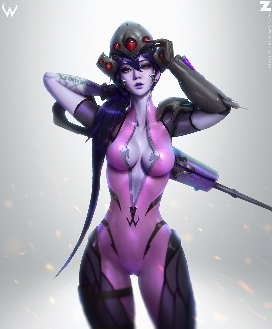 1girls, blizzard entertainment, blue hair, blue skin, bodysuit, cleavage, female, female only, headgear, overwatch, ponytail, solo, standing, tied hair, widowmaker, zeronis