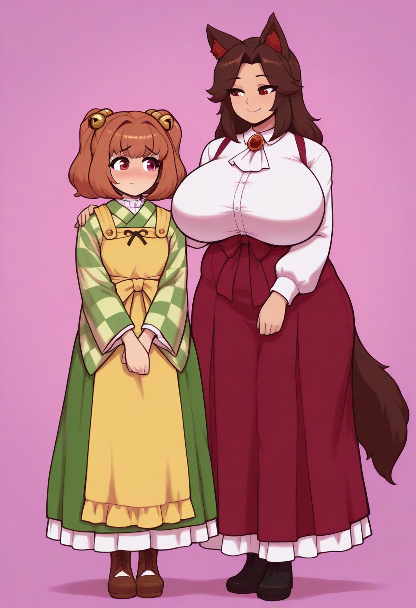 ai_generated blush hand_on_shoulder huge_breasts kagerou_imaizumi kosuzu_motoori shy smiling touhou