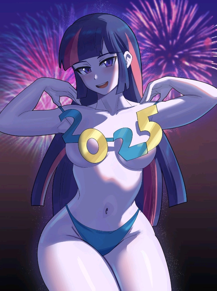 1girls 2025 equestria_girls female_only fireworks friendship_is_magic happy_new_year hasbro human humanized humanized_pony iojknmiojknm large_breasts long_hair my_little_pony new_year panties panties_only purple_eyes purple_hair solo thick_thighs topless topless_female twilight_sparkle_(mlp) two_tone_hair wide_hips