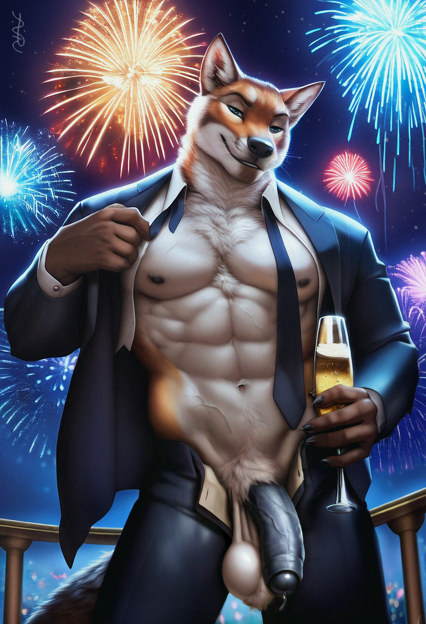 1boy 2024 abs ai_generated anthro avaru biceps black_nipples black_nose black_penis brown_body brown_fur canid canine canis champagne claws fireworks flaccid foreskin formal_clothes formal_wear fur gay humanoid male male_focus male_only mammal multicolored_body multicolored_fur muscular muscular_male navel new_year new_year_2025 nipples open_clothes open_shirt precum precum_drip sagging_balls seductive seductive_look seductive_smile smirk solo suit suit_and_tie tie tuft tufted_fur undressing veiny_penis white_fur yaoi