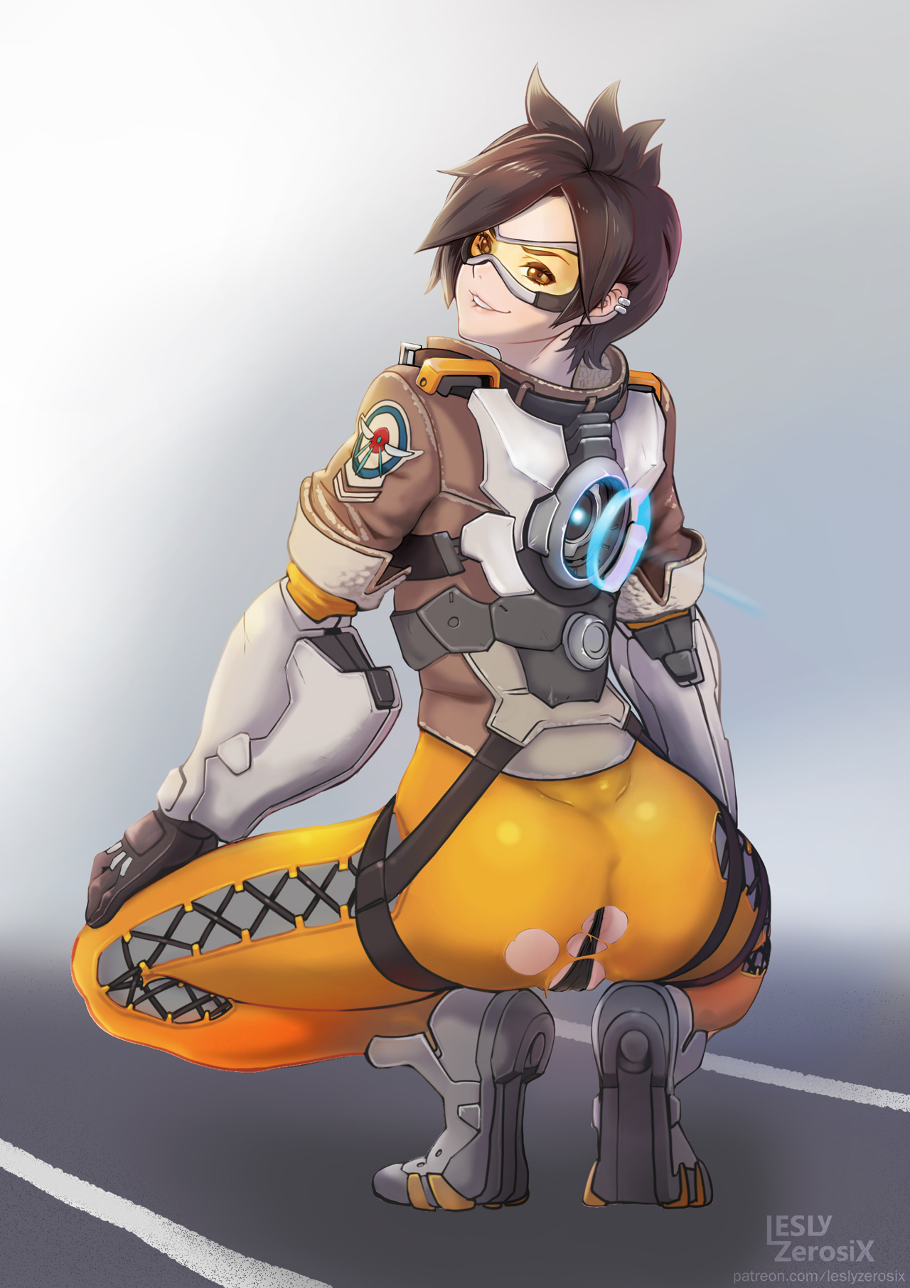 ass, bodysuit, brown hair, female, female only, goggles, leslyzerosix, overwatch, short hair, smile, solo, solo female, squatting, thong, torn bodysuit, torn clothes, tracer