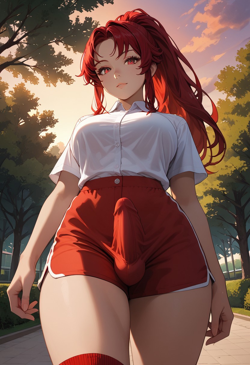 1futa ai_generated cowboy_shot erection erection_under_clothes from_below futa_only futanari jamesbron large_breasts legwear long_hair looking_at_viewer nature outdoors penis_bulge ponytail red_eyes red_hair shirt shorts solo solo_futa standing sunset thick_thighs thighs white_shirt wide_hips