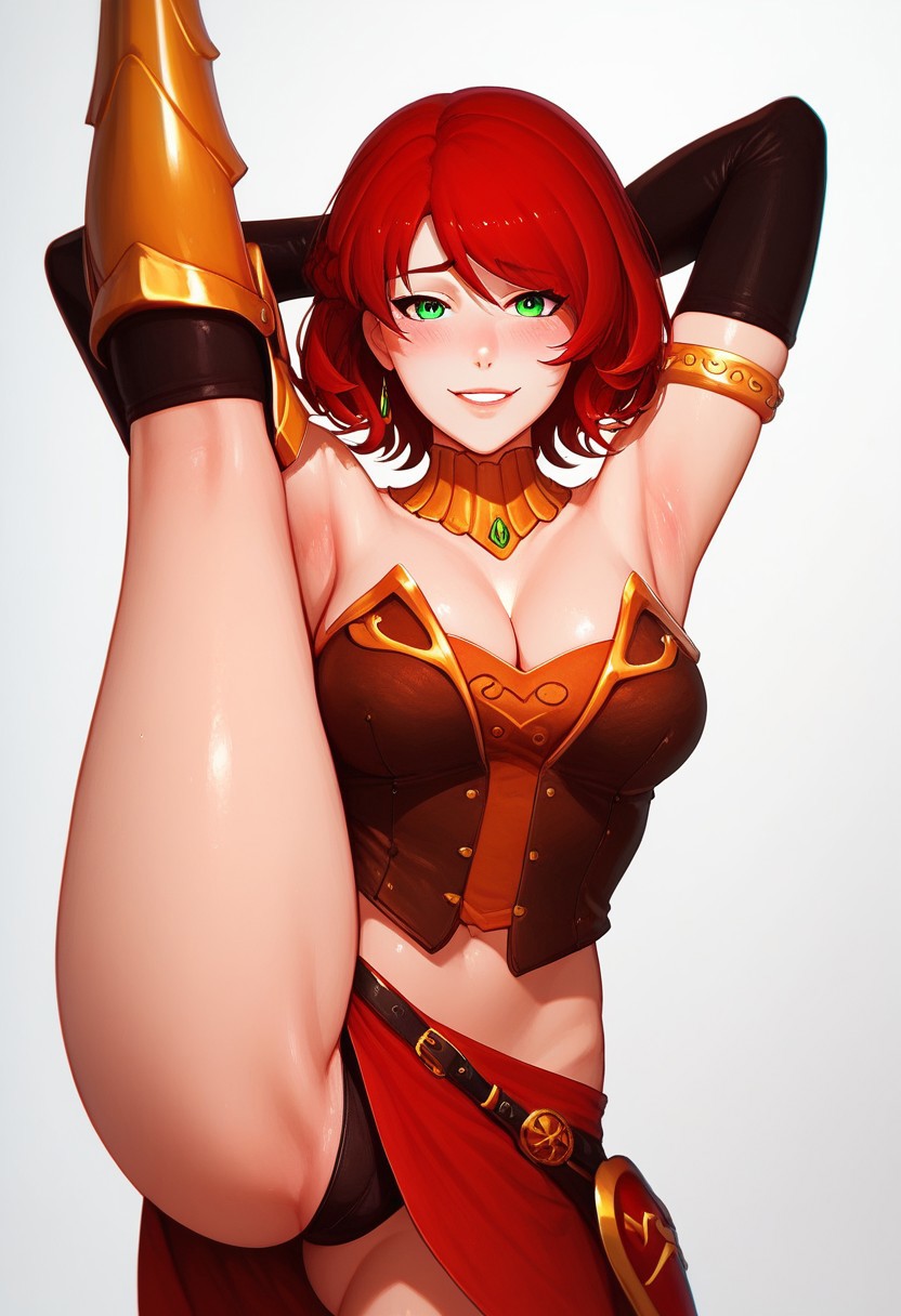 ai_generated arm_gloves armlet armored_corset blush bob_cut corset gloves green_eyes hands_behind_head looking_at_viewer pantyshot pyrrha's_mom pyrrha_nikos_(cosplay) red_hair rwby short_hair skirt smile solo solo_female standing standing_on_one_leg standing_split tagme