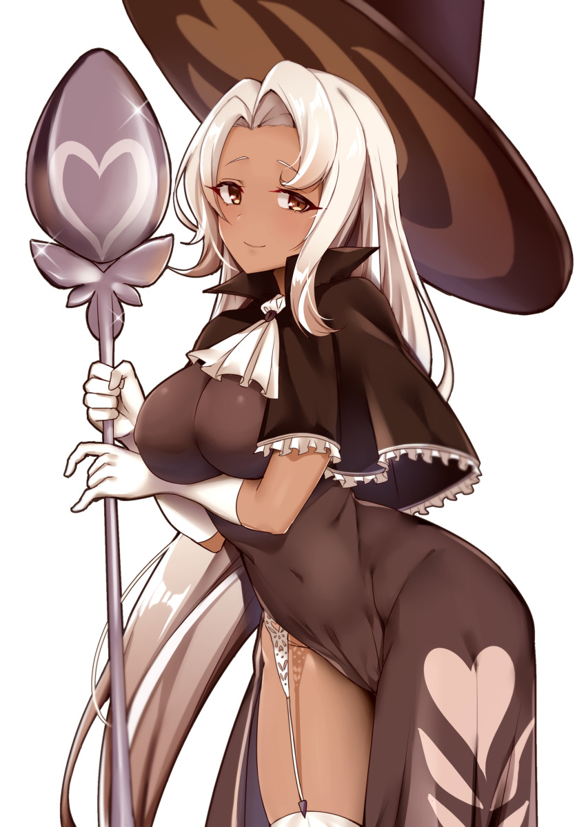 absurdres, ascot, breasts, brown capelet, brown dress, brown eyes, brown hat, capelet, cookie run, cookie run kingdom, covered navel, cowboy shot, dark skin, dark-skinned female, dress, female, frilled capelet, frills, garter straps, gloves, hat, heart, heart print, highres, holding, holding spoon, holding staff, humanization, large breasts, latte cookie (cookie run), long hair, looking at viewer, oversized object, parted bangs, side slit, simple background, smile, solo, sparkle, spoon, staff, thighhighs, very long hair, white ascot, white background, white gloves, white hair, white thighhighs, wide hips, witch hat, zhi zhi/zu zu