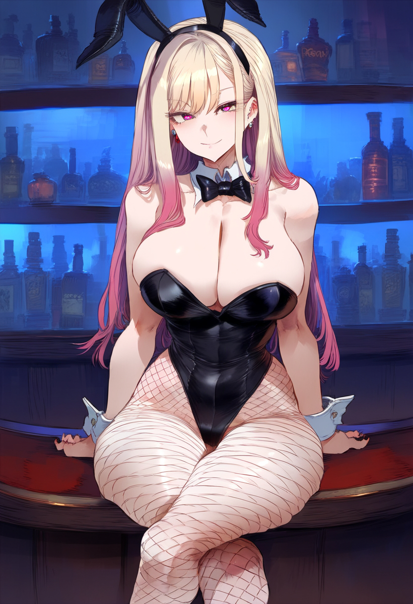 1girls ai_generated aksn bare_arms bare_shoulders big_breasts blonde_hair blush bunny_ears bunnysuit clothed clothing color female female_focus female_only fishnets hi_res kitagawa_marin large_breasts light-skinned_female light_skin long_hair looking_at_viewer no_bra purple_eyes solo solo_female sono_bisque_doll_wa_koi_wo_suru thick_thighs