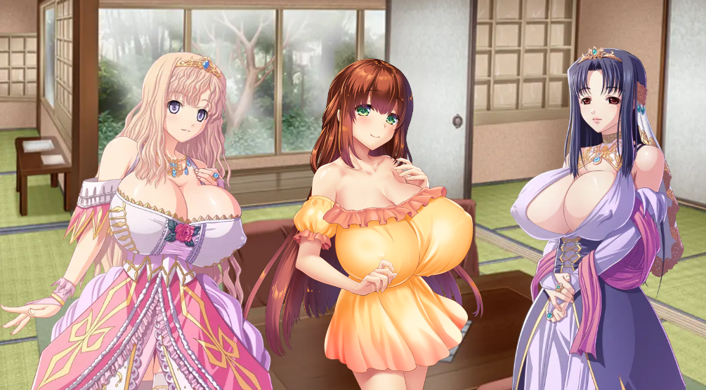 3girls bare_shoulders blue_dress breasts cleavage clothed_female conversation crossover discussion edited_image game_cg gigantic_breasts hotel_room huge_breasts hyper_breasts kyonyuu_fantasy kyonyuu_fantasy_gaiden kyonyuu_fantasy_gaiden_2 kyonyuu_onsen_kozukuri_no_yu luceria_von_diamante maou_ga_gendai_sekai_ni_tensei_shitara_oppai_o_medenakute_wa_naranaku_natta_ken married_woman massive_breasts mature_female multiple_girls nipples_visible_through_clothing pink_dress queen rokusaanu_do_dejiiru ryokan tiara yawato_iroha yellow_clothing