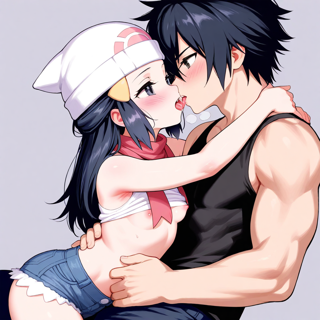 1boy 1boy1girl ai_generated black_hair couple dawn_(pokemon) exposed_breasts female kissing petite petite_body petite_female pokemon small_breasts