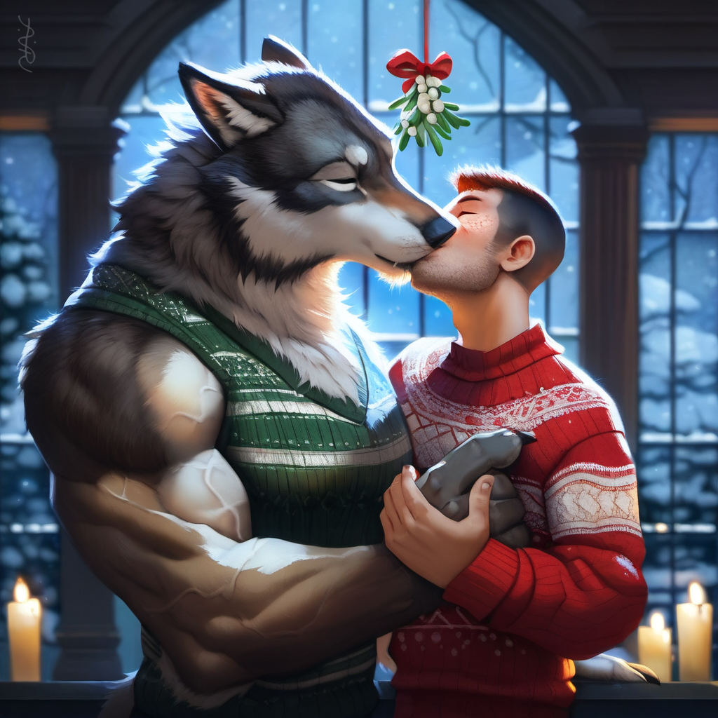 2024 2boys ai_generated animal_humanoid anthro anthro_on_human avaru balls black_nose canid canine canis christmas christmas_outfit christmas_sweater duo freckles fur furry gay hair human human_on_anthro humanoid interspecies kissing male male_focus mammal mammal_humanoid mistletoe muscular_male romantic romantic_couple size_difference tuft tufted_fur wolf yaoi