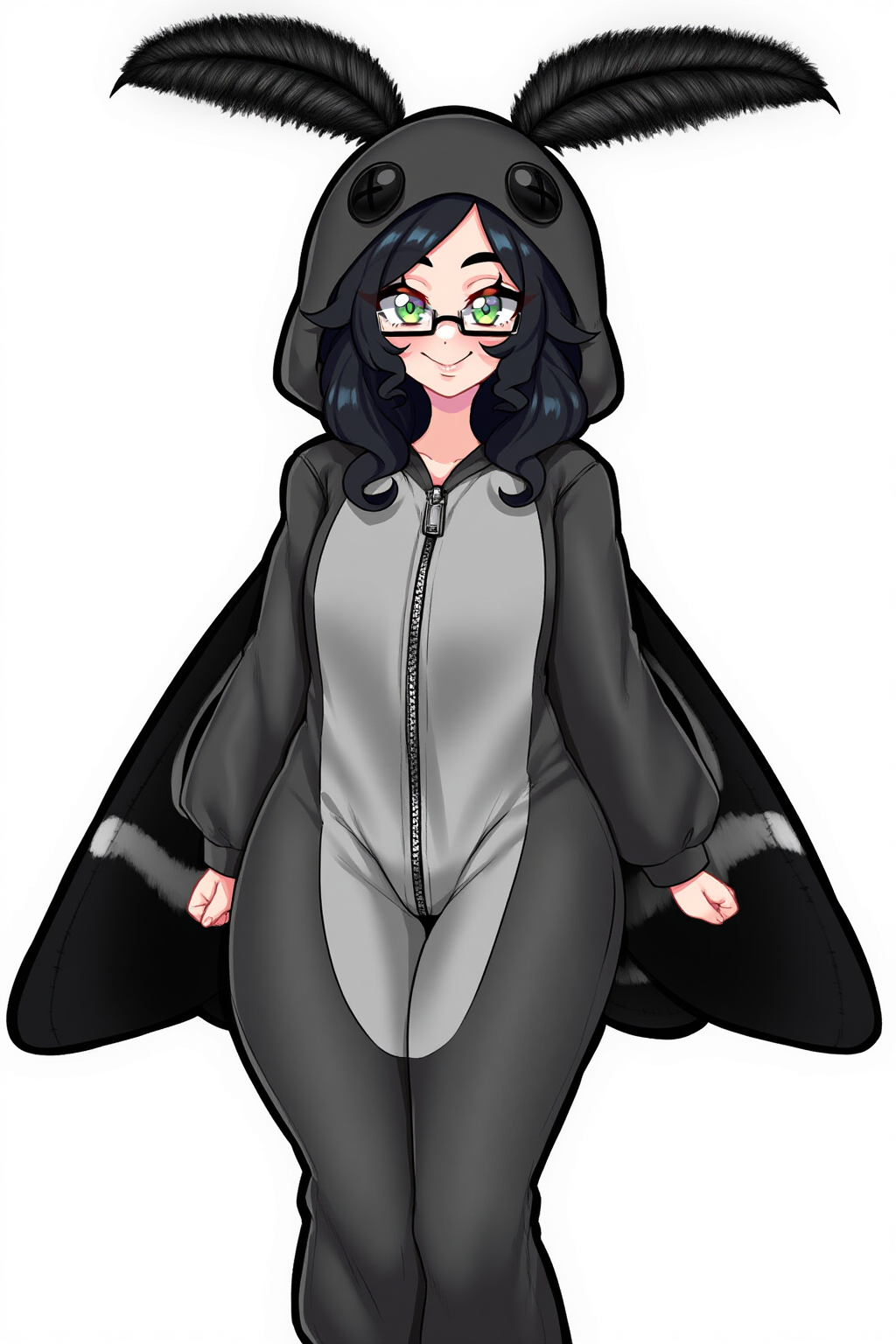 adorable ai_generated black_hair cute female glasses green_eyes moth onsie parahumans sfw solo solo_female solo_focus taylor_hebert theshadowmind worm_(web_series