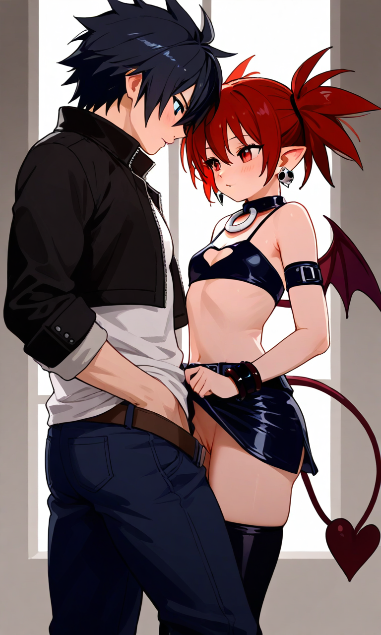 1boy ai_generated black_hair clothed couple crossover demon_girl disgaea etna exposed_pussy fairy_tail female gray_fullbuster red_hair small_breasts