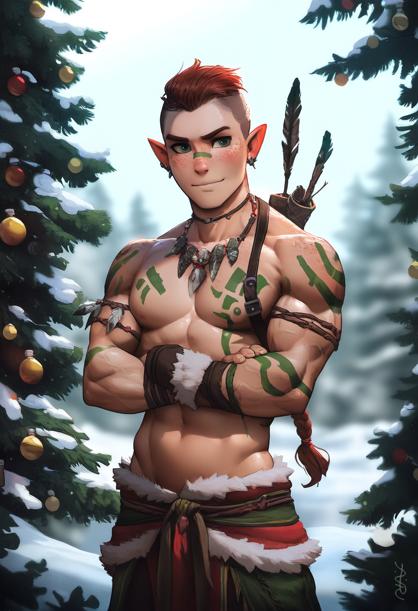 1boy 2024 abs ai_generated avaru christmas christmas_elf elf human male muscular muscular_male navel pointy_ears red_hair smile solo tribal tribal_markings