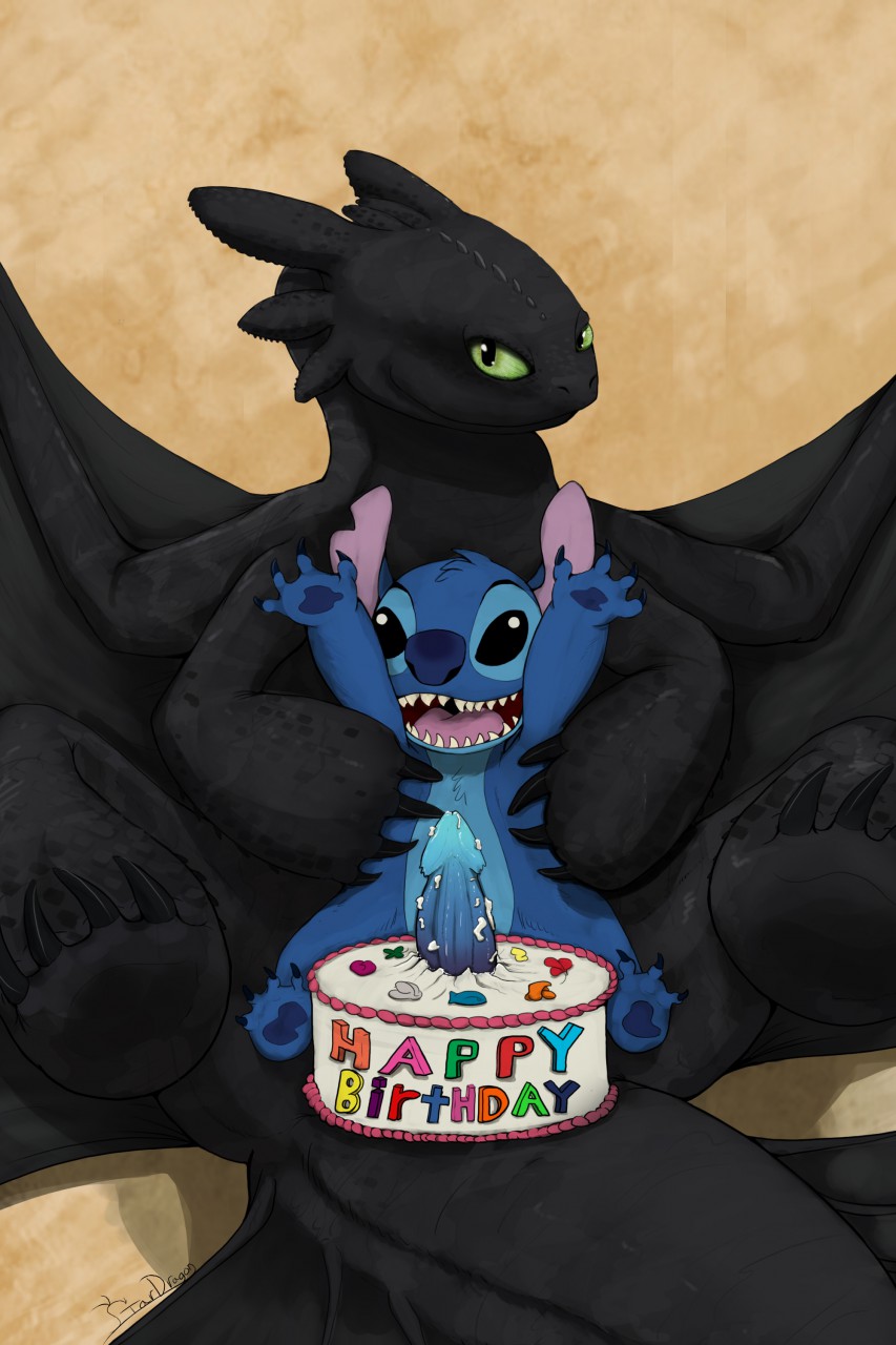 black_scales blue_fur cake claws disney dragon dreamworks duo erection experiment_(species) feral food fur gay green_eyes how_to_train_your_dragon lilo_and_stitch male male_only night_fury open_mouth pawpads paws penis scales scalie simple_background size_difference stardragon102 stitch tongue toothless wings yaoi